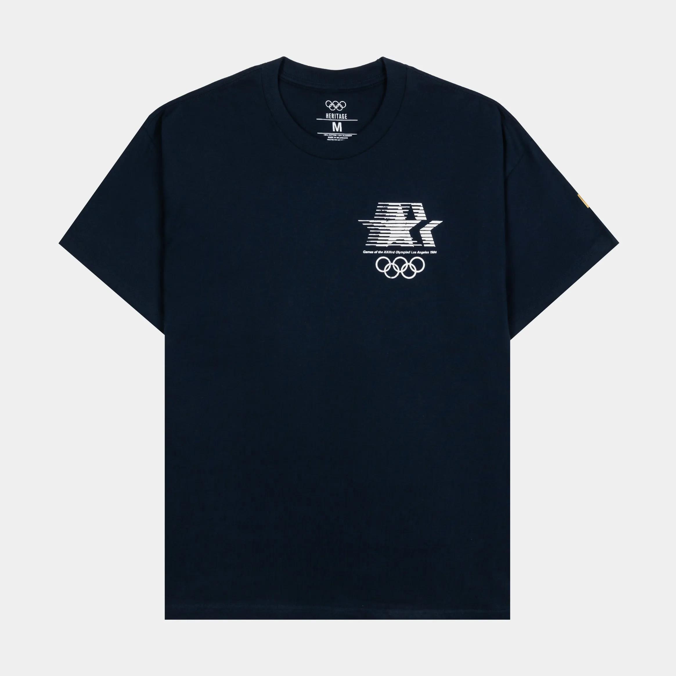 Oversized Cut Minimal Comfort Style 1984 Los Angeles Emblem Flag Mens Short Sleeve Shirt (Navy/White)