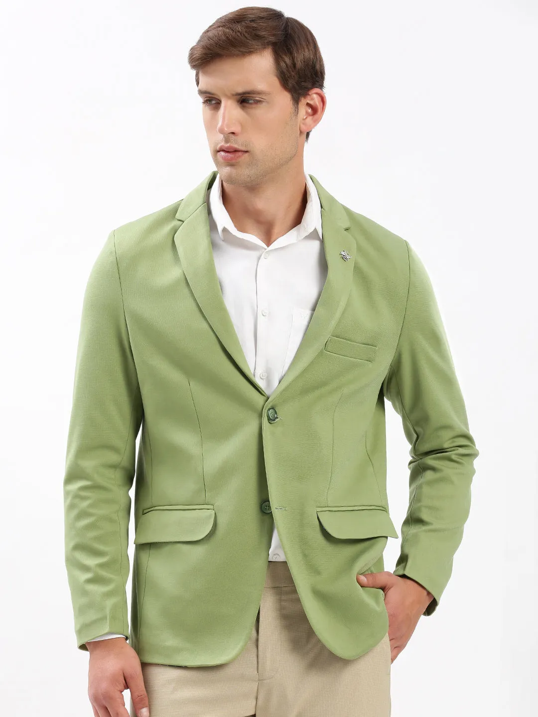 Men's Green Slim-Fit Notched Lapel Collar Single-Breasted Blazer High Collar Style