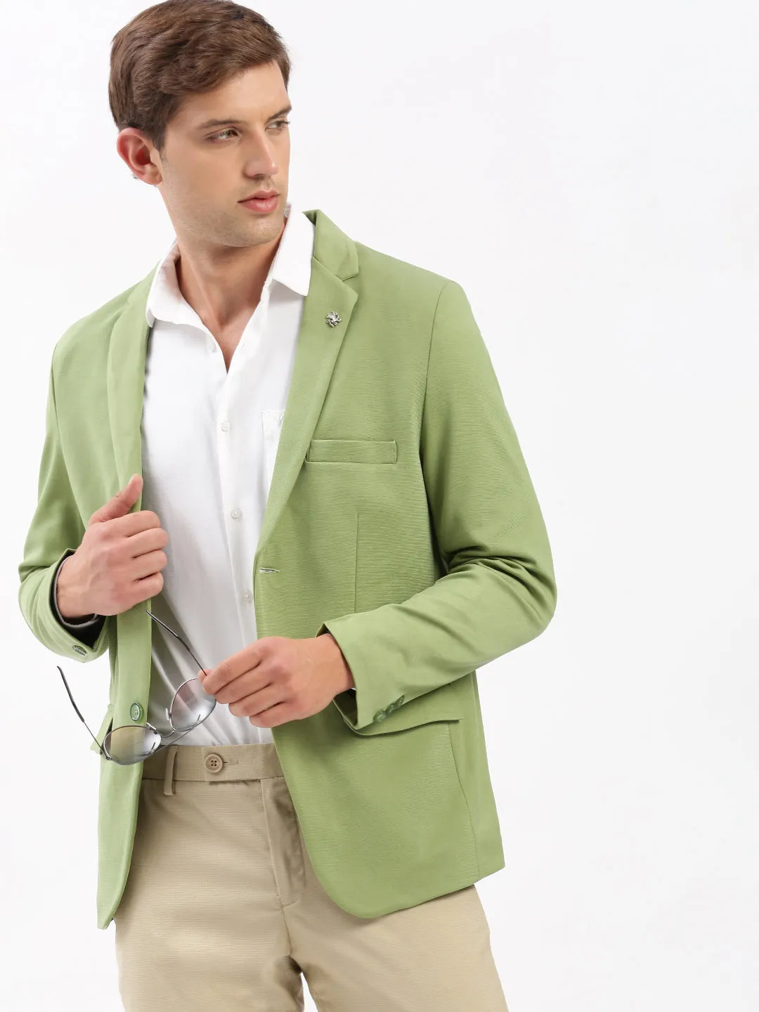 Layered Collar Design Convertible Sleeves Men's Green Slim-Fit Notched Lapel Collar Single-Breasted Blazer