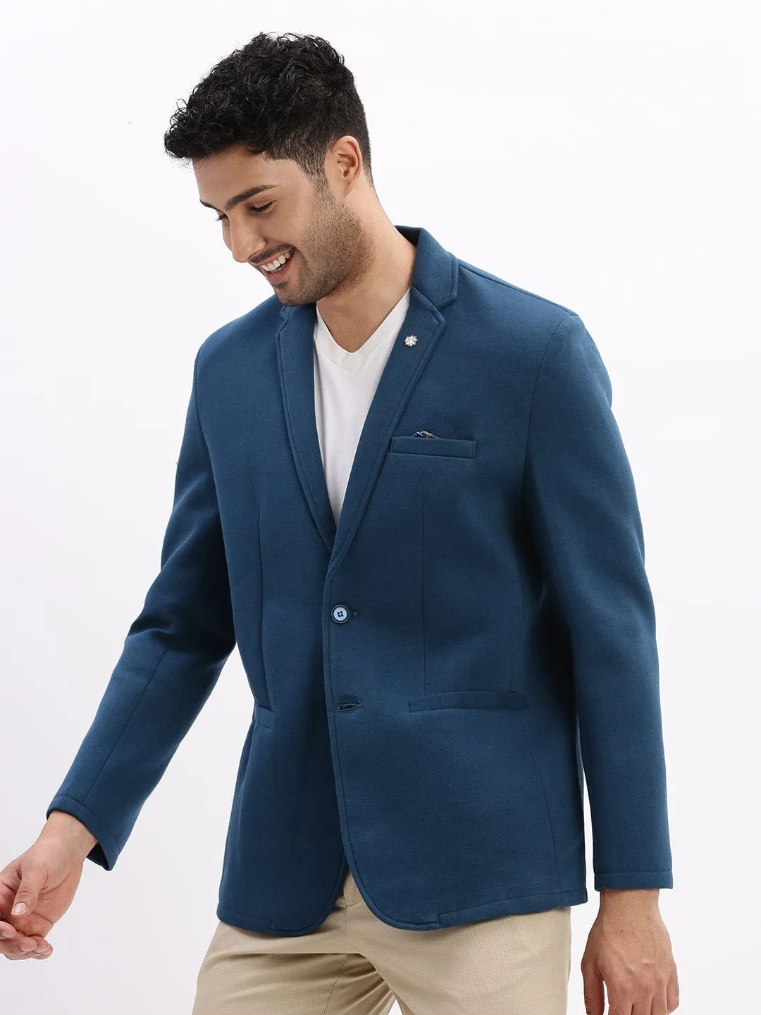 Chill Look Recycled Polyester Men's Teal Notched Lapel Slim Fit Cotton Single Breasted Blazer