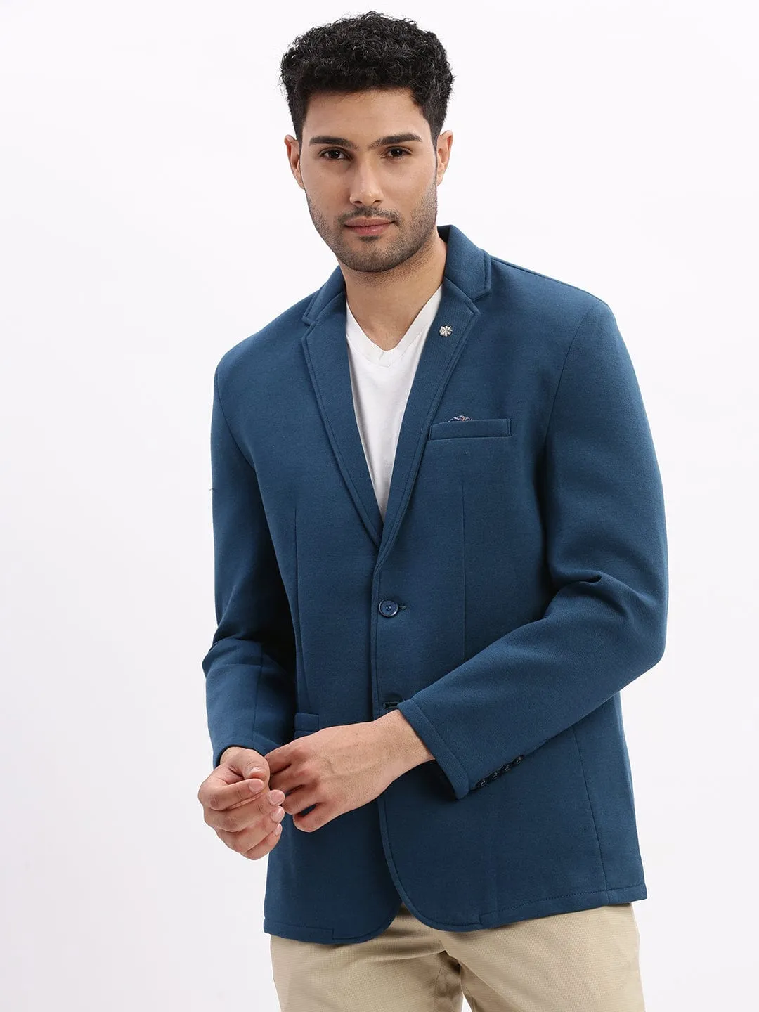 Low Profile Fastening Snag Free Fabric Men's Teal Notched Lapel Slim Fit Cotton Single Breasted Blazer
