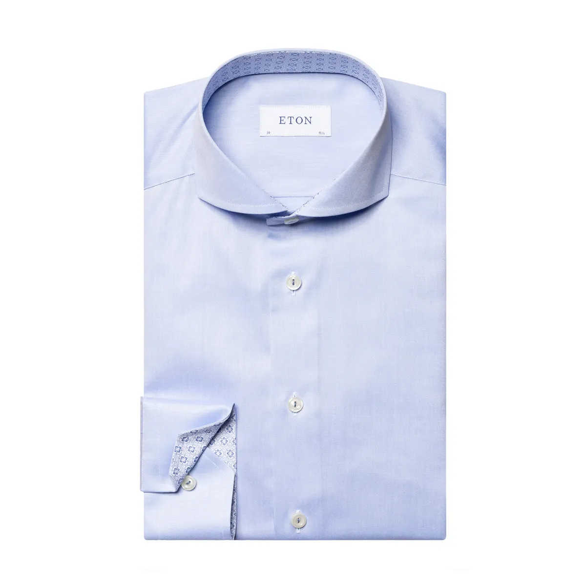 Fashionable Look No Chafe Edging Eton - Slim Fit Shirt in Blue w/ Patterned Trim