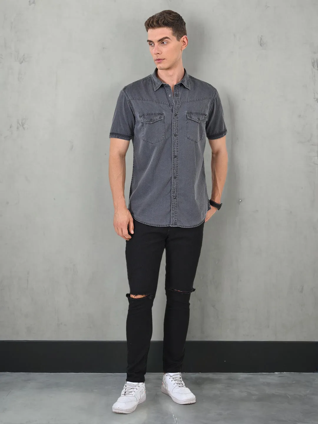 Button-up Men Solid Half Sleeve Cotton Shirt