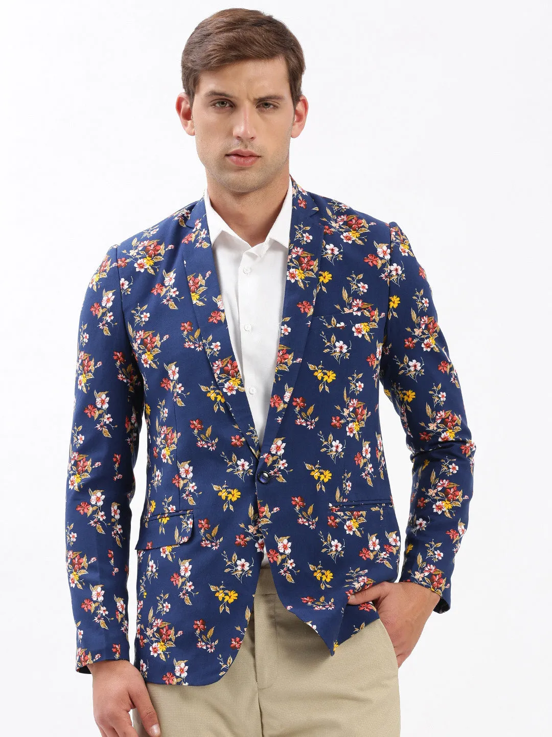 Men's Navy Blue Slim-Fit Floral Printed Chambray Notched Lapel Single Breasted Blazer Morning Commute Gear Autumn Layers