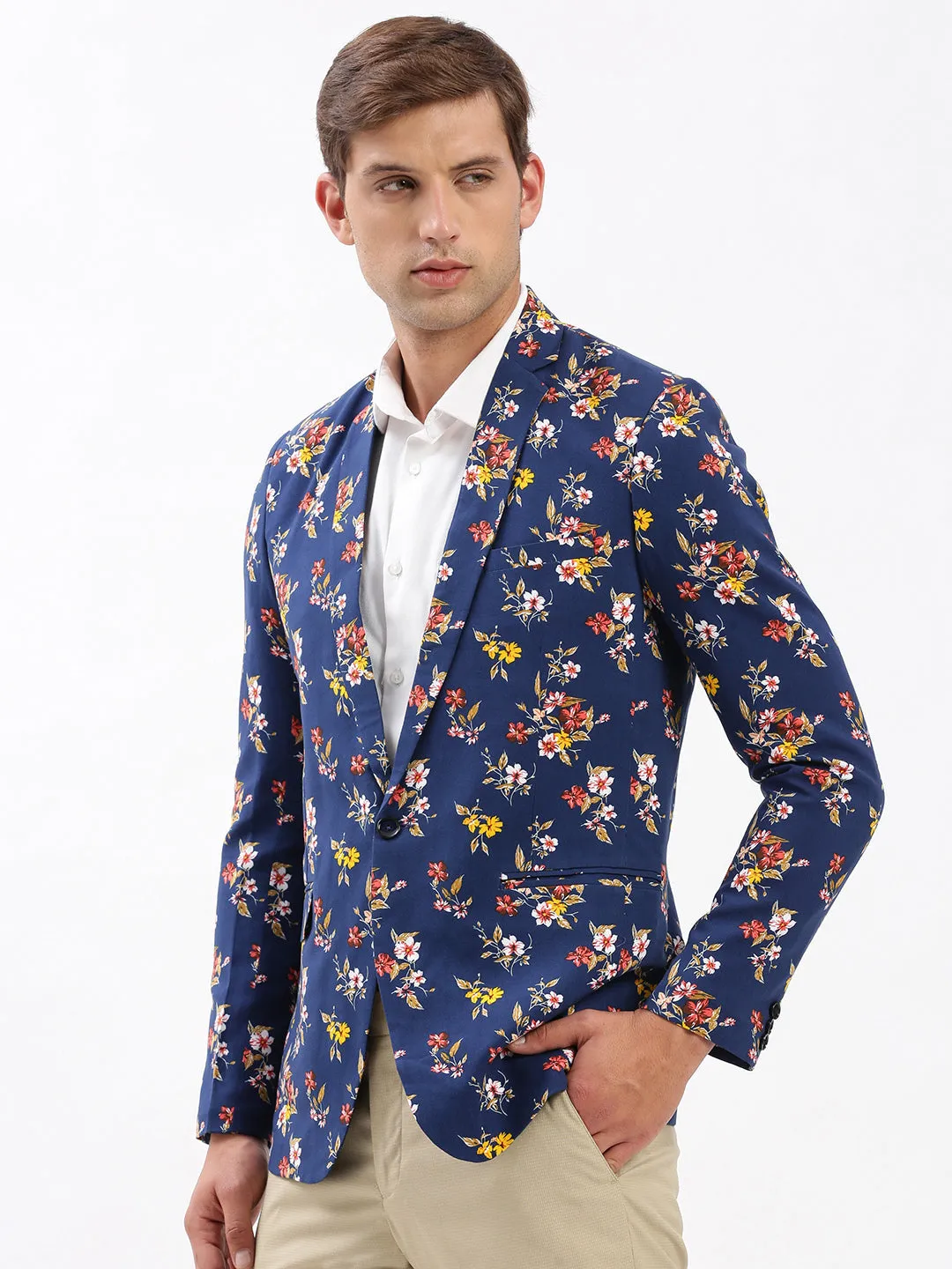Men's Navy Blue Slim-Fit Floral Printed Chambray Notched Lapel Single Breasted Blazer Logo Free Style Reflective Detailing