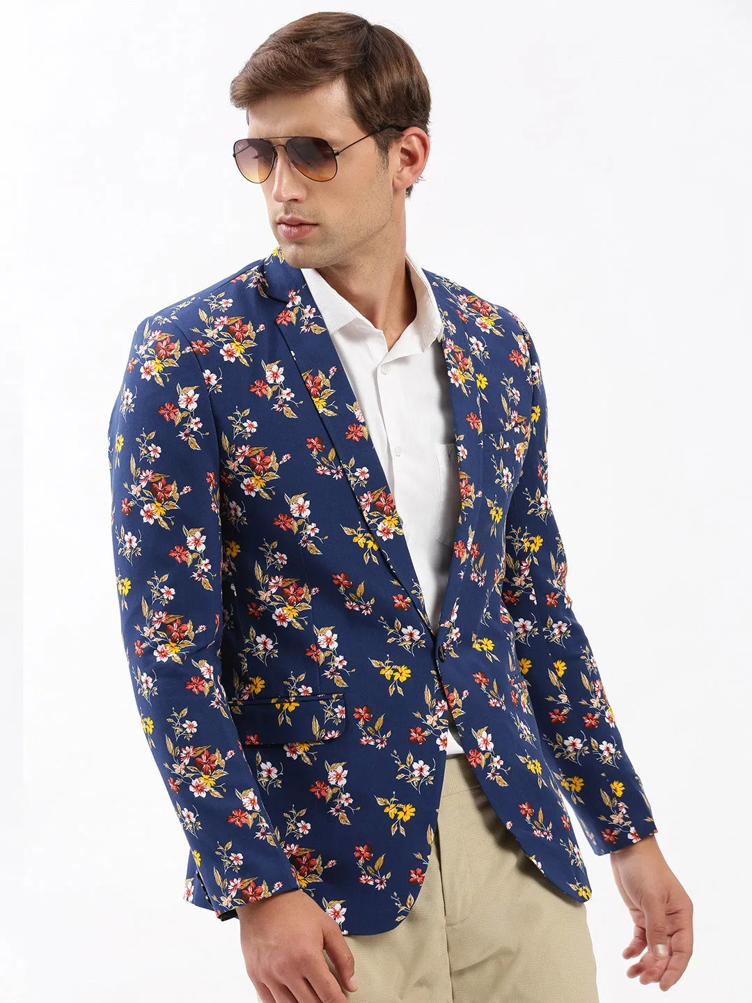 Smart Casual Piece Rainy Day Option Men's Navy Blue Slim-Fit Floral Printed Chambray Notched Lapel Single Breasted Blazer