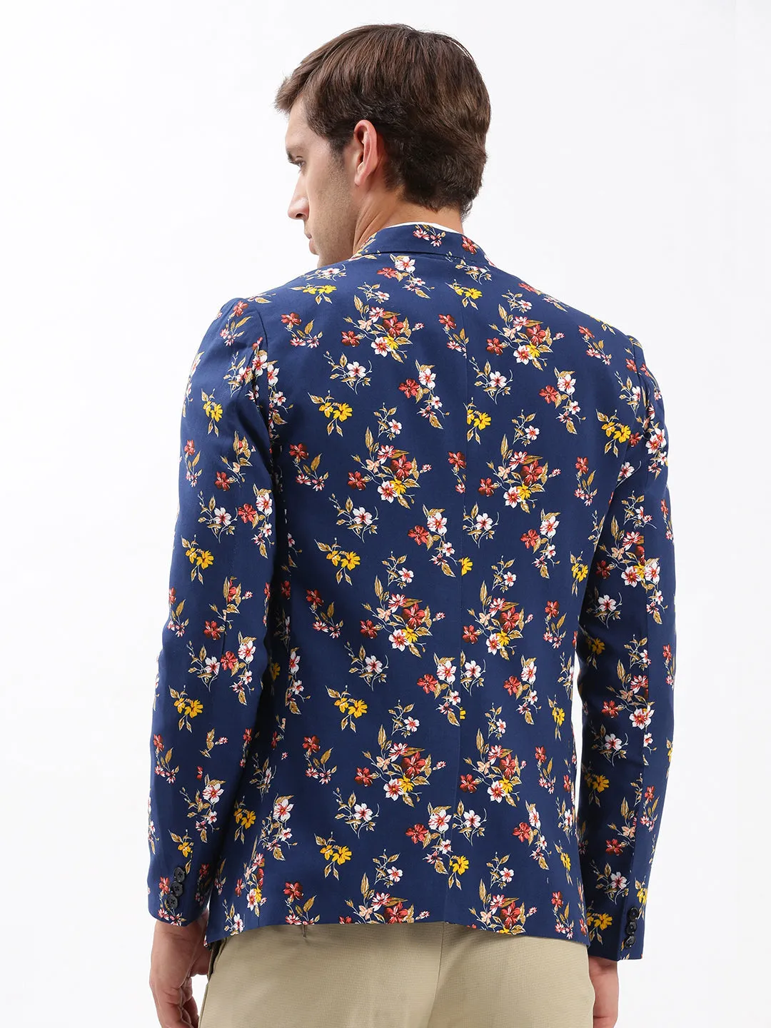 Men's Navy Blue Slim-Fit Floral Printed Chambray Notched Lapel Single Breasted Blazer Crisp Clean Fit