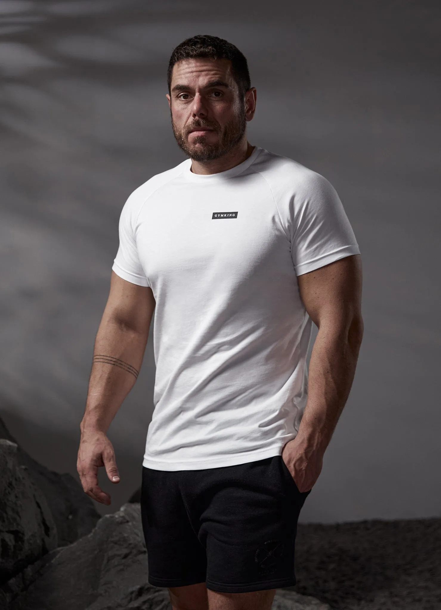 Light Stretch Wrinkle Resistant Material Gym King Stoic Tee - White