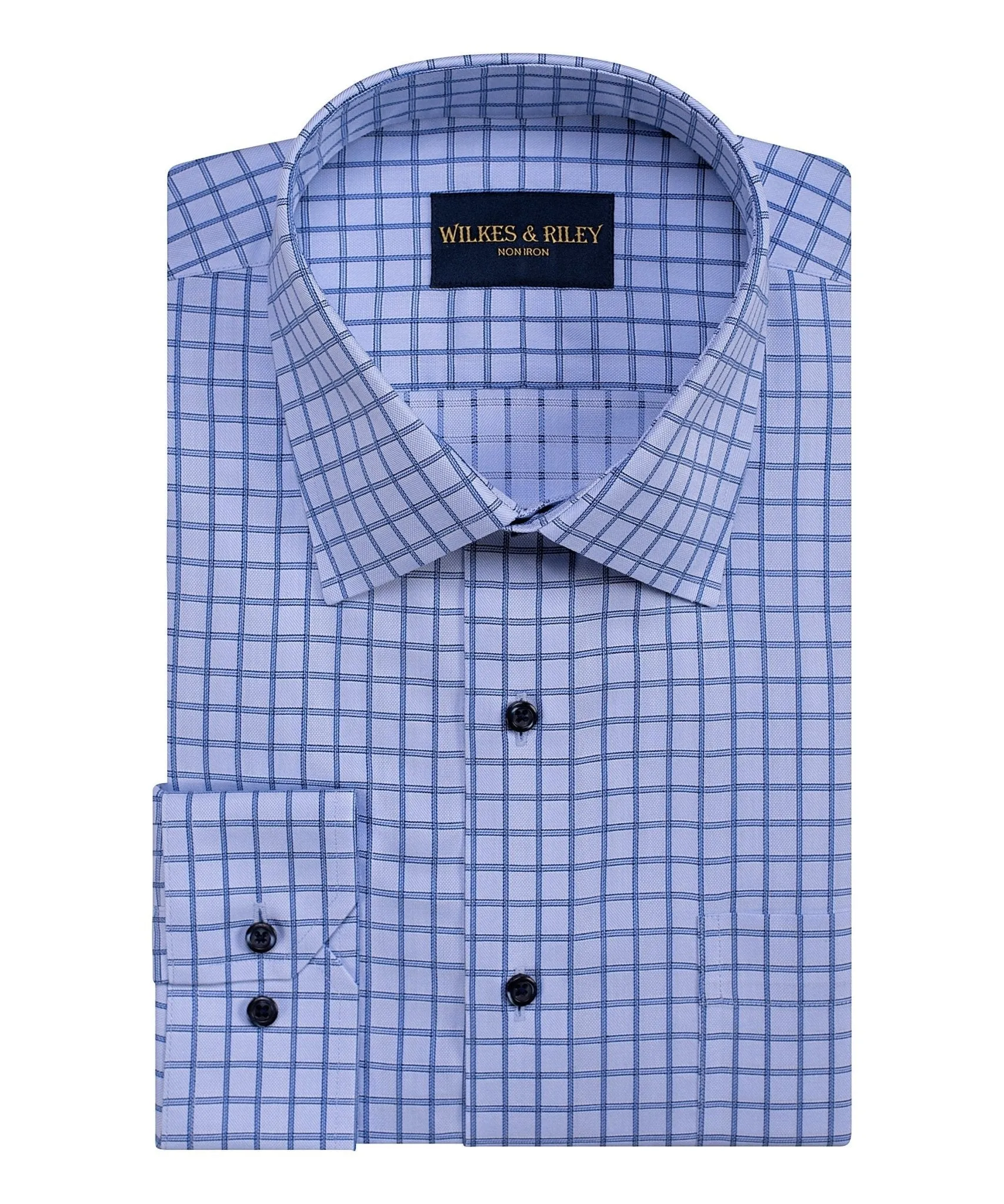 Short Sleeve Temperature Regulating Blue Dobby Grid Spread Collar Non-Iron Dress Shirt