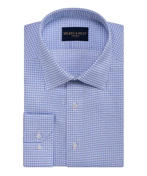Blue Twill Graph Check Spread Collar Non-Iron Dress Shirt Breathable Style