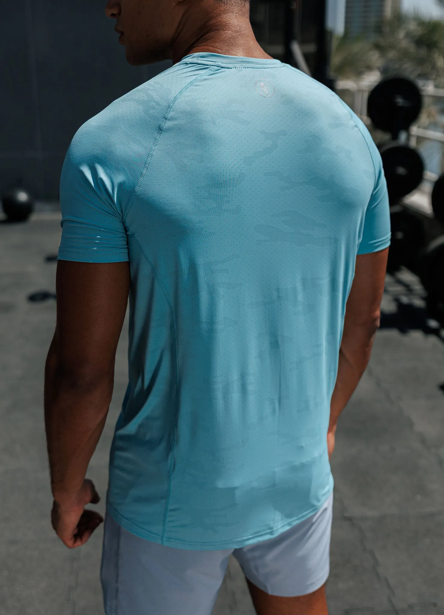 Durable Knit Structure Gym King Focus Camo Knit Tee - Aquatic Blue