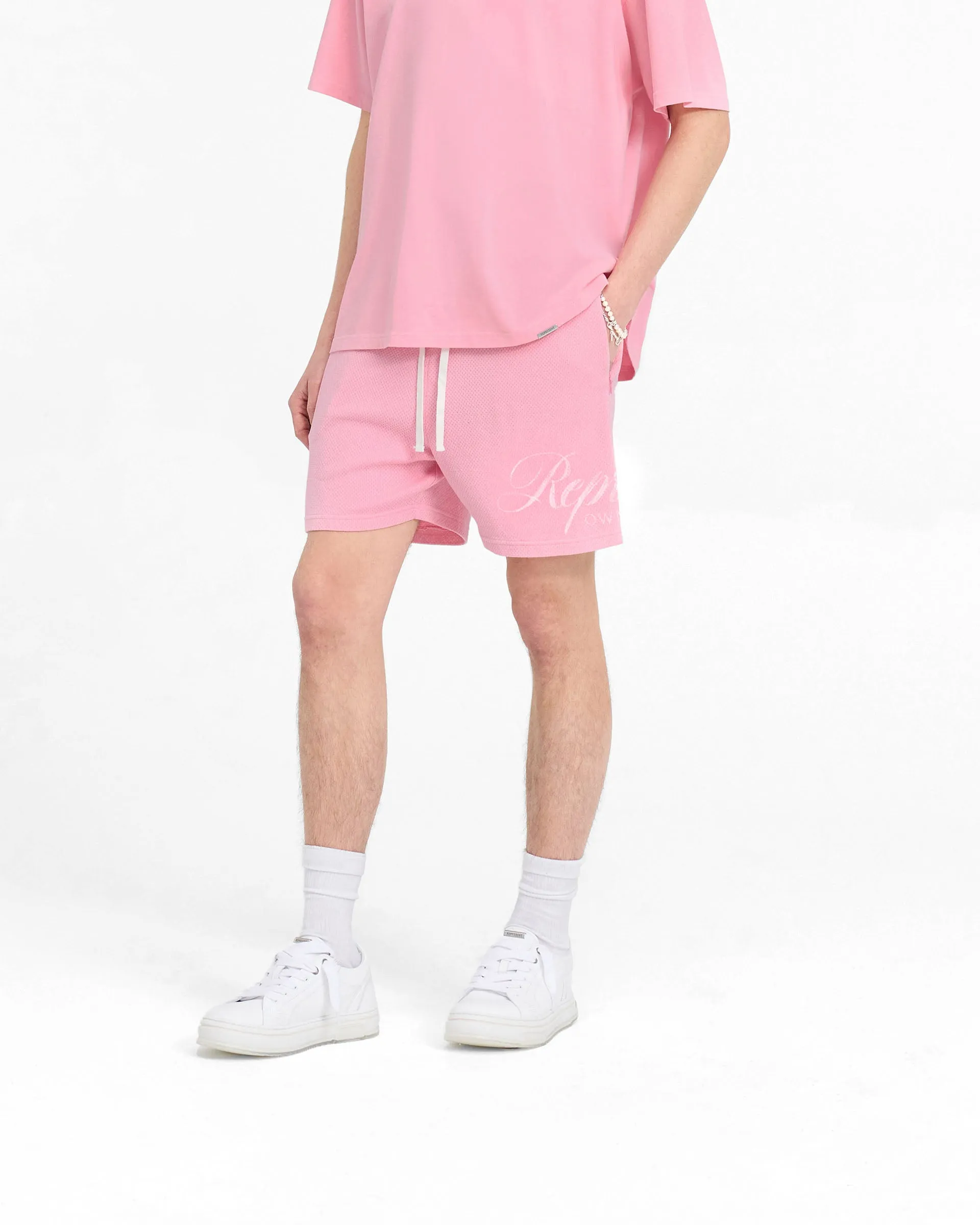 Breezy Comfort Represent Owners Club Script Mesh Shorts - Pink
