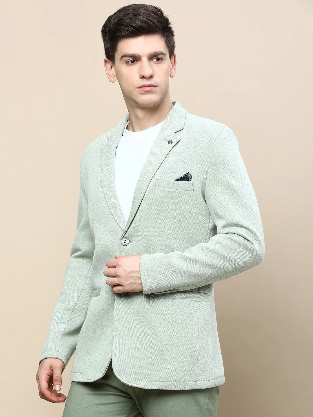DoubleLayeredHem Weekend Casual Fit Men's Green Notched Lapel Single Breasted Blazer