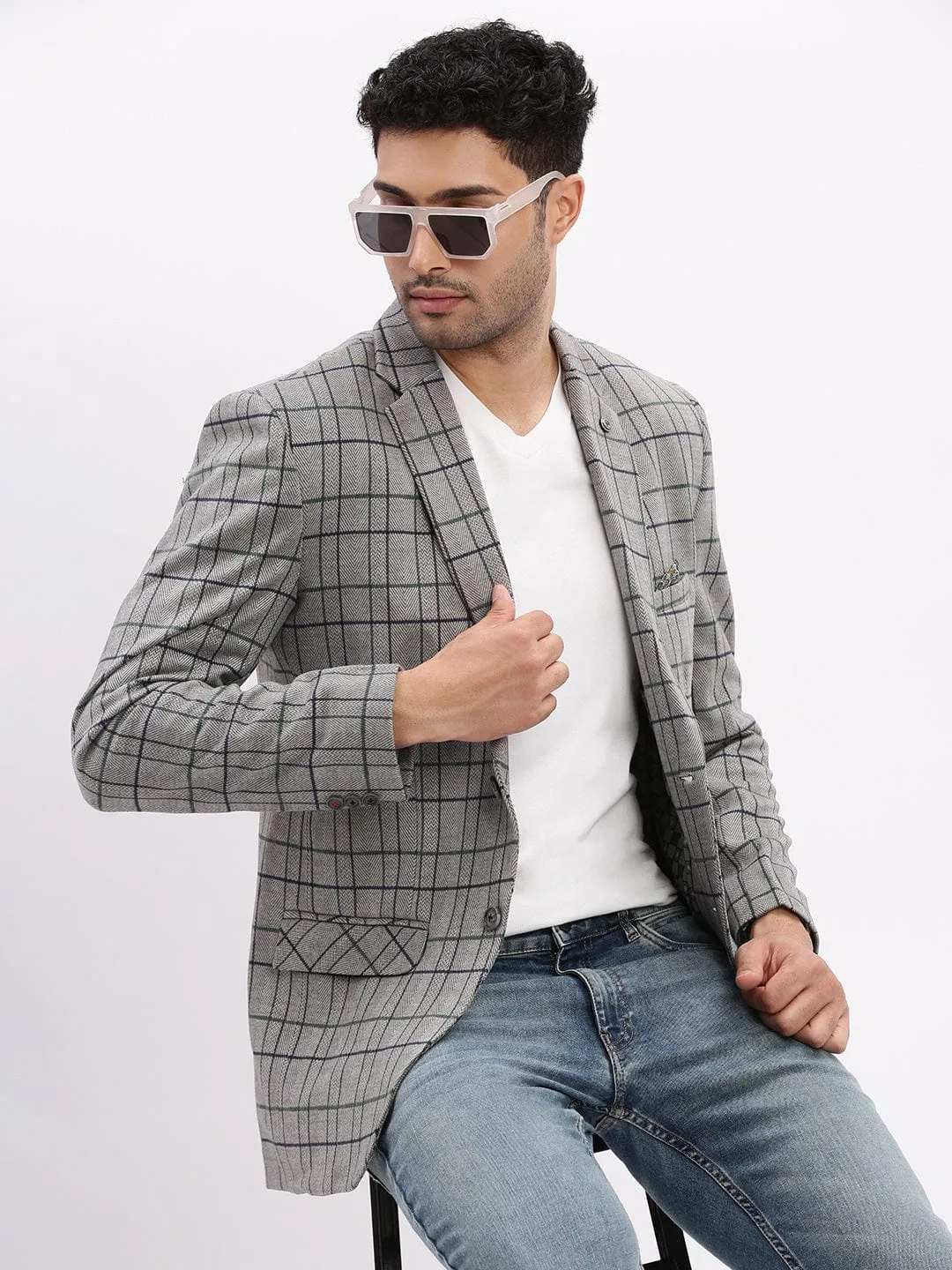 Men's Checked Grey Notched Lapel Collar Single Breasted Blazer Simple Comfort