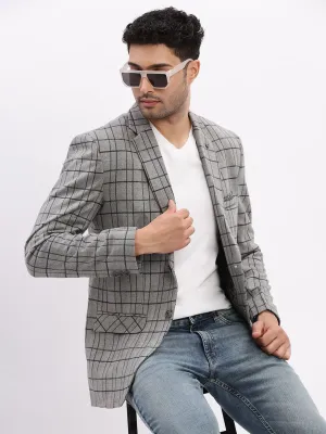 Men's Checked Grey Notched Lapel Collar Single Breasted Blazer Simple Comfort