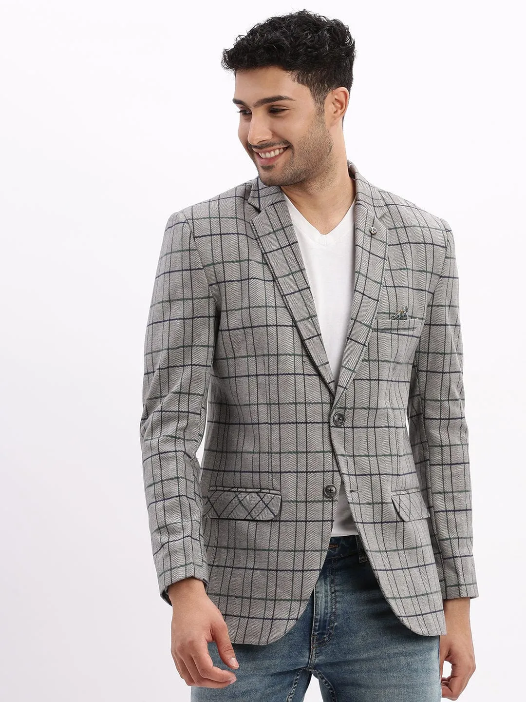 anti static coating Modern Fit Men's Checked Grey Notched Lapel Collar Single Breasted Blazer