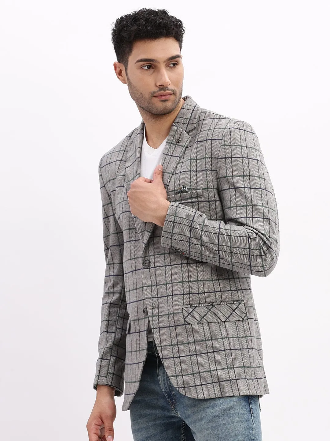 Men's Checked Grey Notched Lapel Collar Single Breasted Blazer Stowable Hood Double Layer Protection