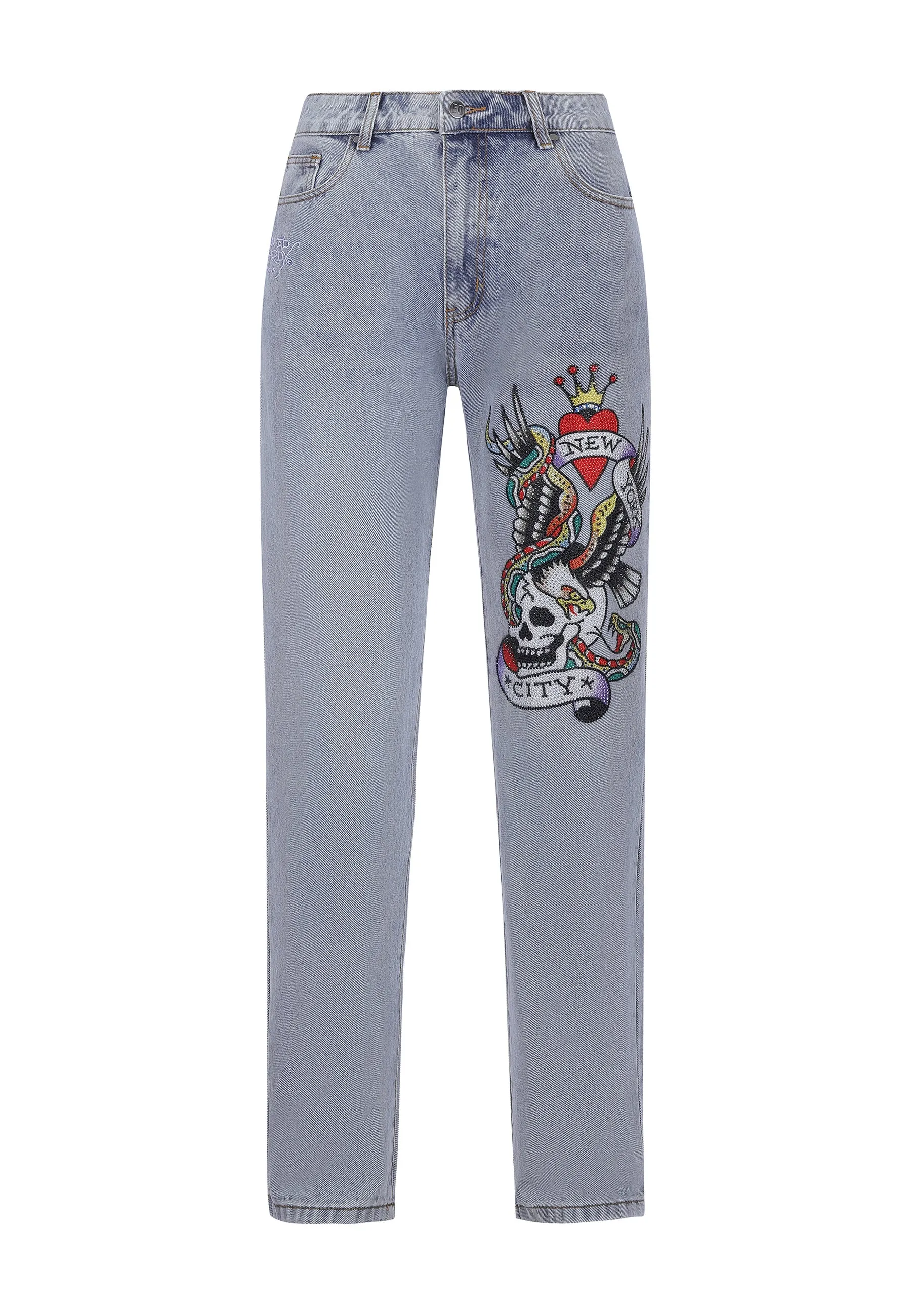 Daily Essentials Mens Nyc-Skull Diamante Denim Trousers Jeans - Bleach