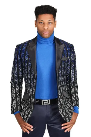 Barabas Greek Motif Sequin Blazer Royal/Silveri Non Restrictive Movement