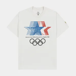 1984 Los Angeles Games Olympic Heritage Mens Short Sleeve Shirt (White/Blue) Sublimation Resistant Fabric