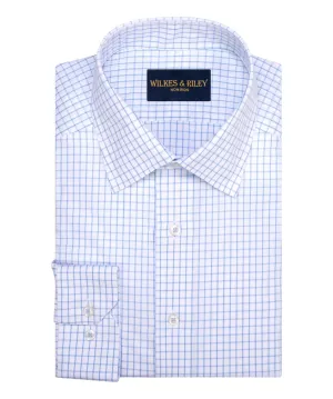 Blue Large Check Spread Collar Non-Iron Broadcloth Dress Shirt UV Protective Coating Printed design