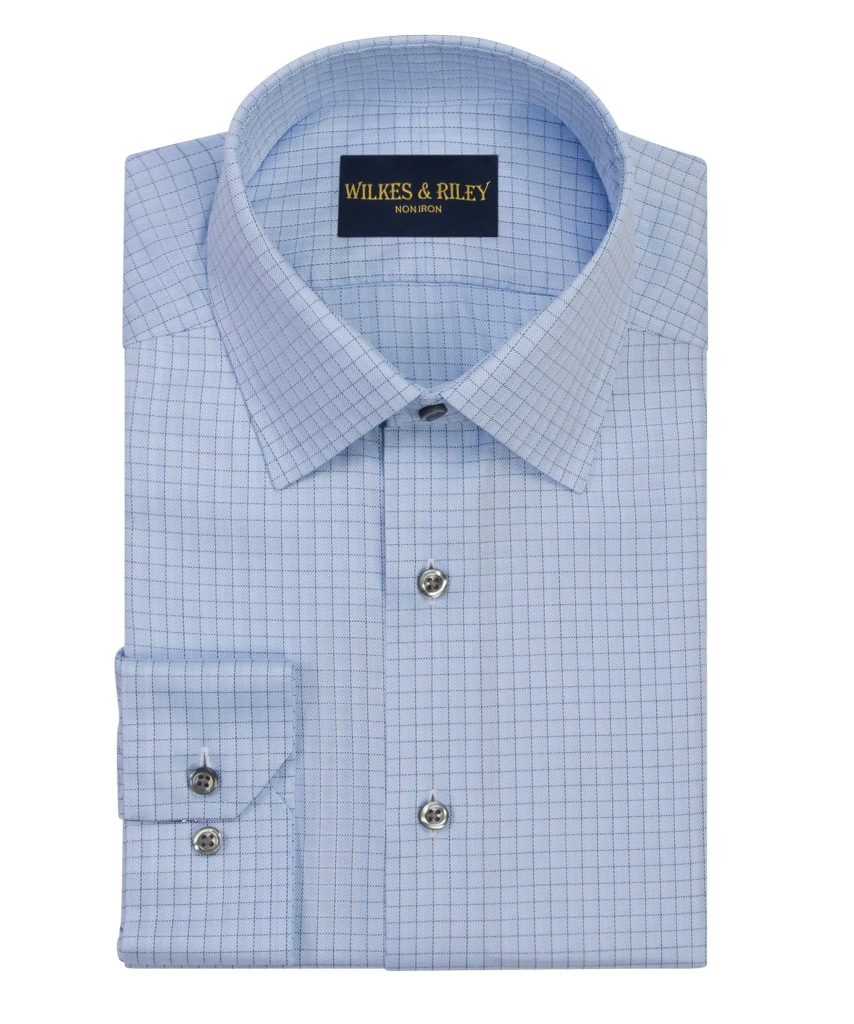 Relaxed Look Blue Spread Collar Non-Iron Herringbone check Dress Shirt