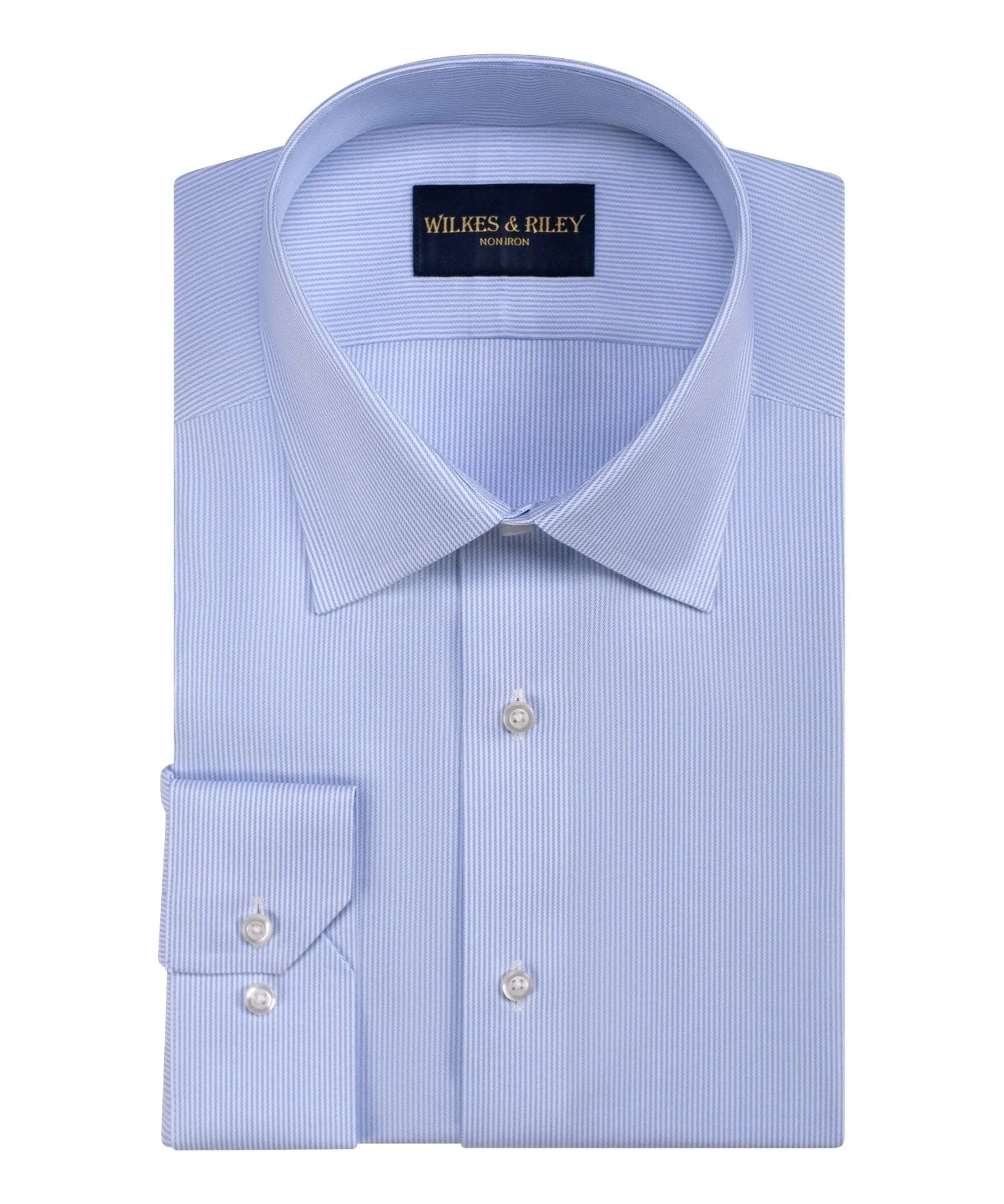 Hypoallergenic Lining Athletic Cut Blue Stripe Spread Collar Non-Iron Twill Dress Shirt