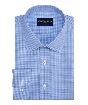 Blue/Navy Plaid Spread Collar  Non-Iron Broadcloth Dress Shirt Casual Style