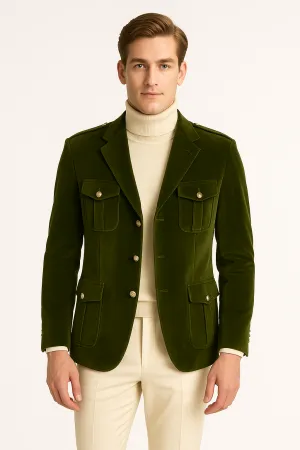 Functional Pockets Style Inserch BL-569 Velvet Military Jacket Olive