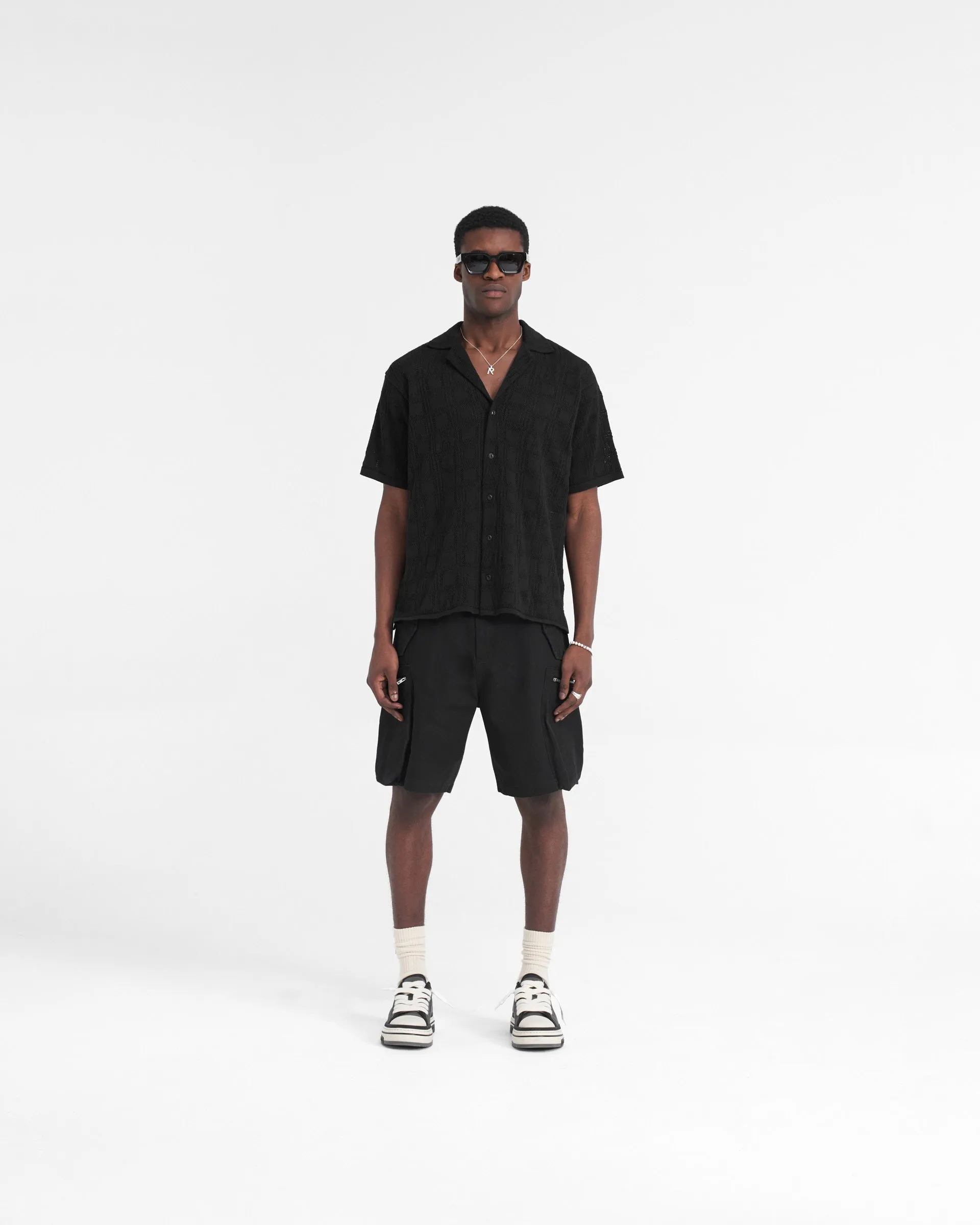 Sophisticated Look Double Stitched Hems Lace Knit Shirt - Black