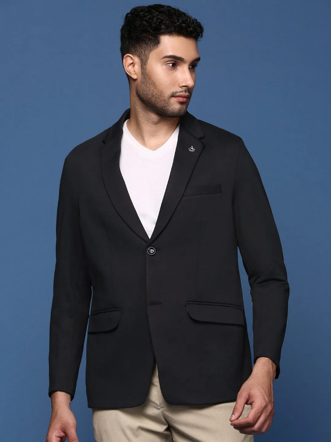 Men's Black Single Breasted Slim Fit Casual Blazer Reinforced Shoulder Protection Belted Style