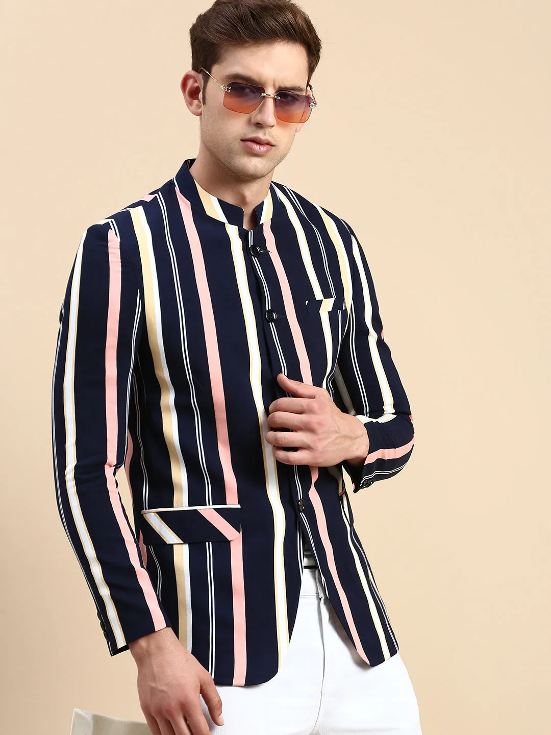 Men's Navy Blue Striped Slim Fit Bandhgala Blazer Hypoallergenic Textile Windbreaker Inspired Fit