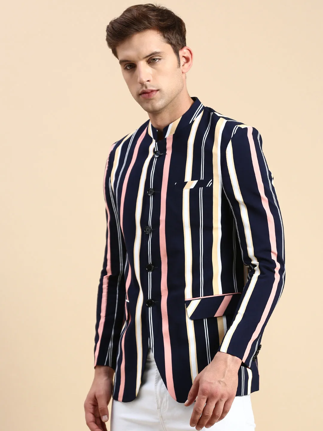 Men's Navy Blue Striped Slim Fit Bandhgala Blazer ContouredShoulderFit Thermal Reflective Lining