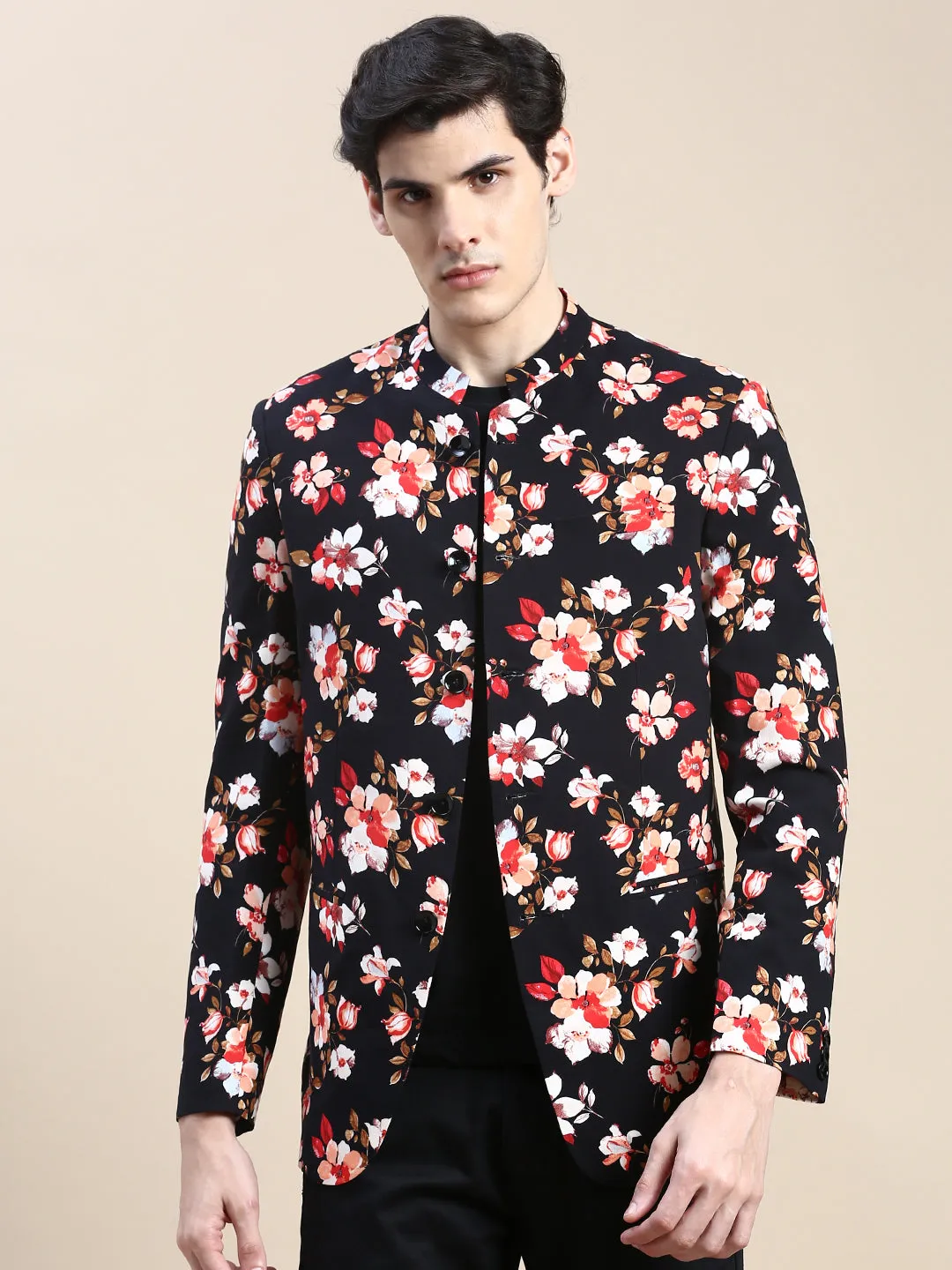 Men's Black Floral Printed Slim-Fit Cotton Bandhgala Blazer Flexible Mobility UltraQuietMaterial