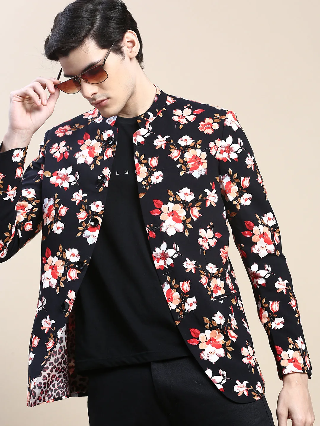 Transitional Daily Fit Seamless Shoulder Design Men's Black Floral Printed Slim-Fit Cotton Bandhgala Blazer
