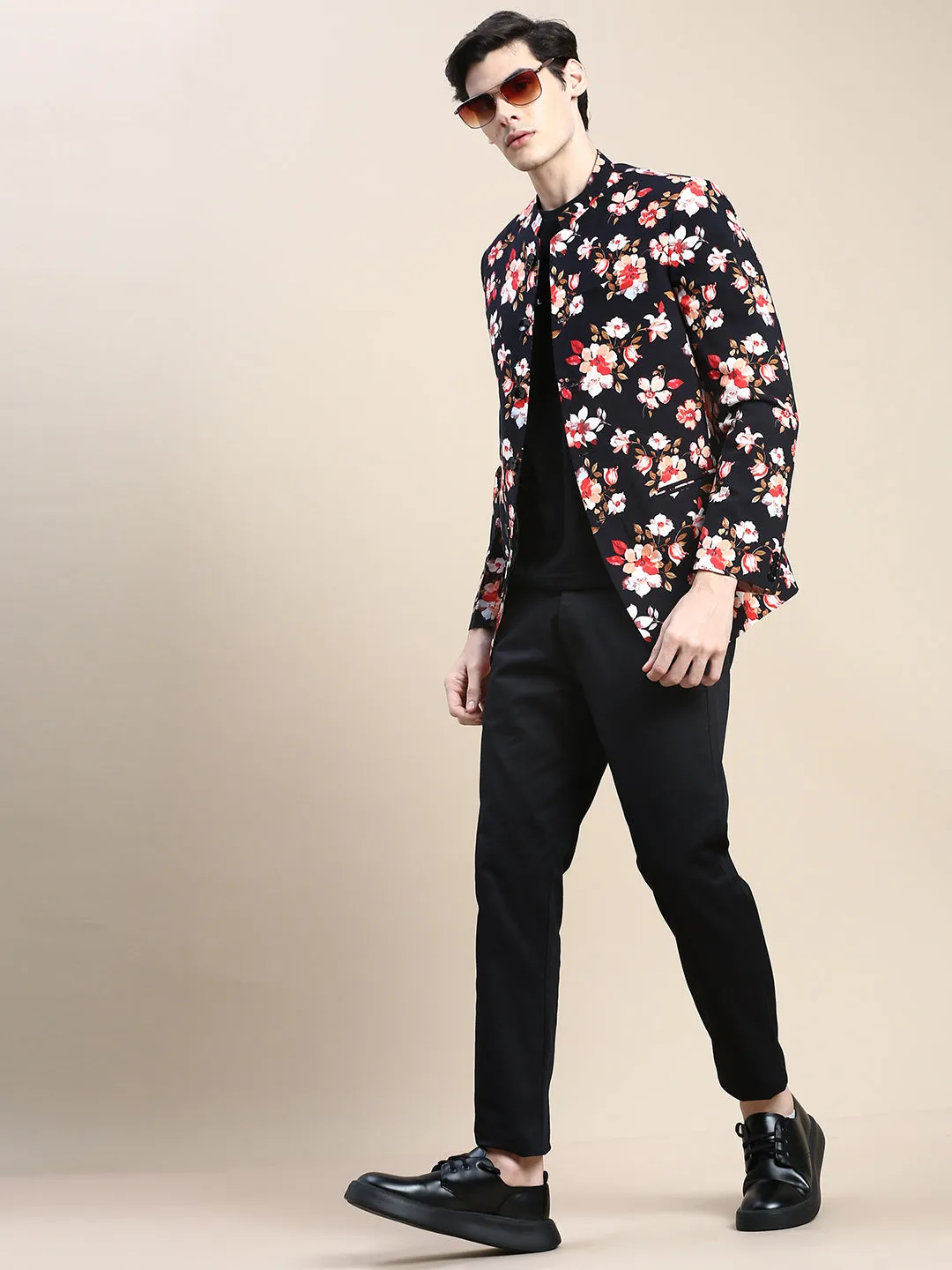 Men's Black Floral Printed Slim-Fit Cotton Bandhgala Blazer Multi Pocket Utility