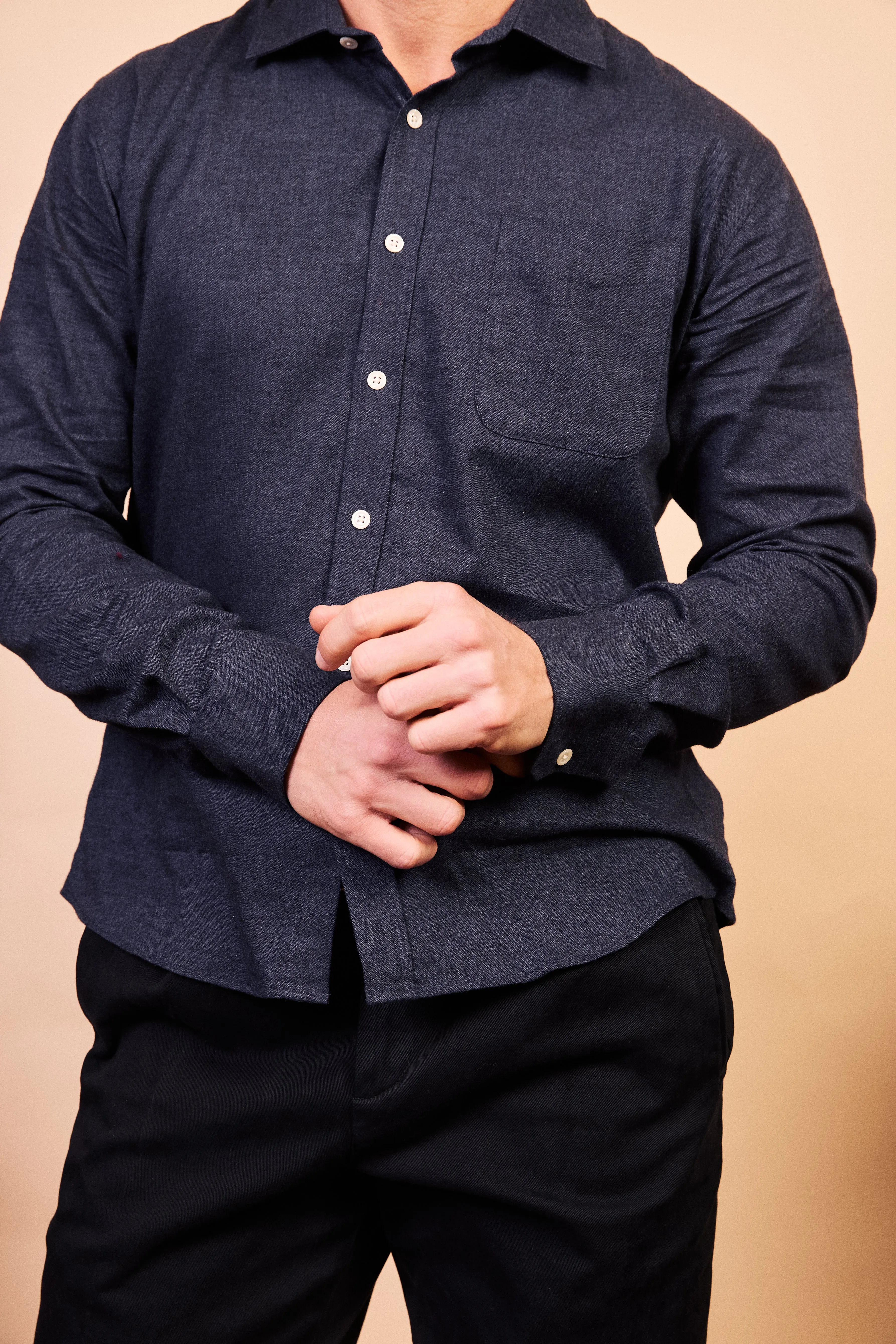 Classic Cotton Shirt - Navy Herringbone Comfy Look