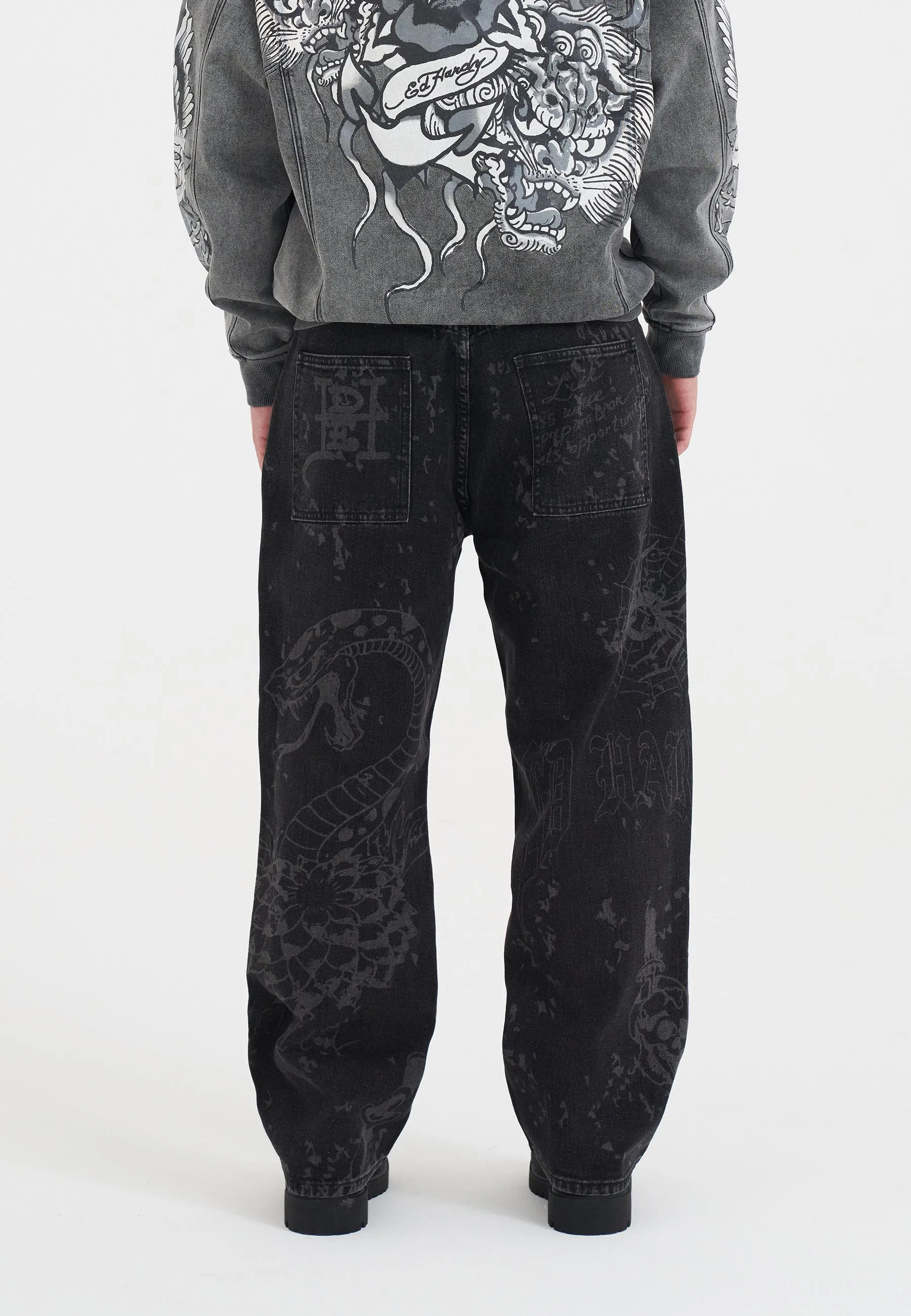 Seasonless wear Casual Friday Classic Mens Gothic Multi Graphic Jeans - Black