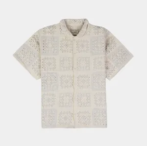 Comfy Apparel Holiday Style Quilt Crochet Mens Short Sleeve Shirt (Tan/White)