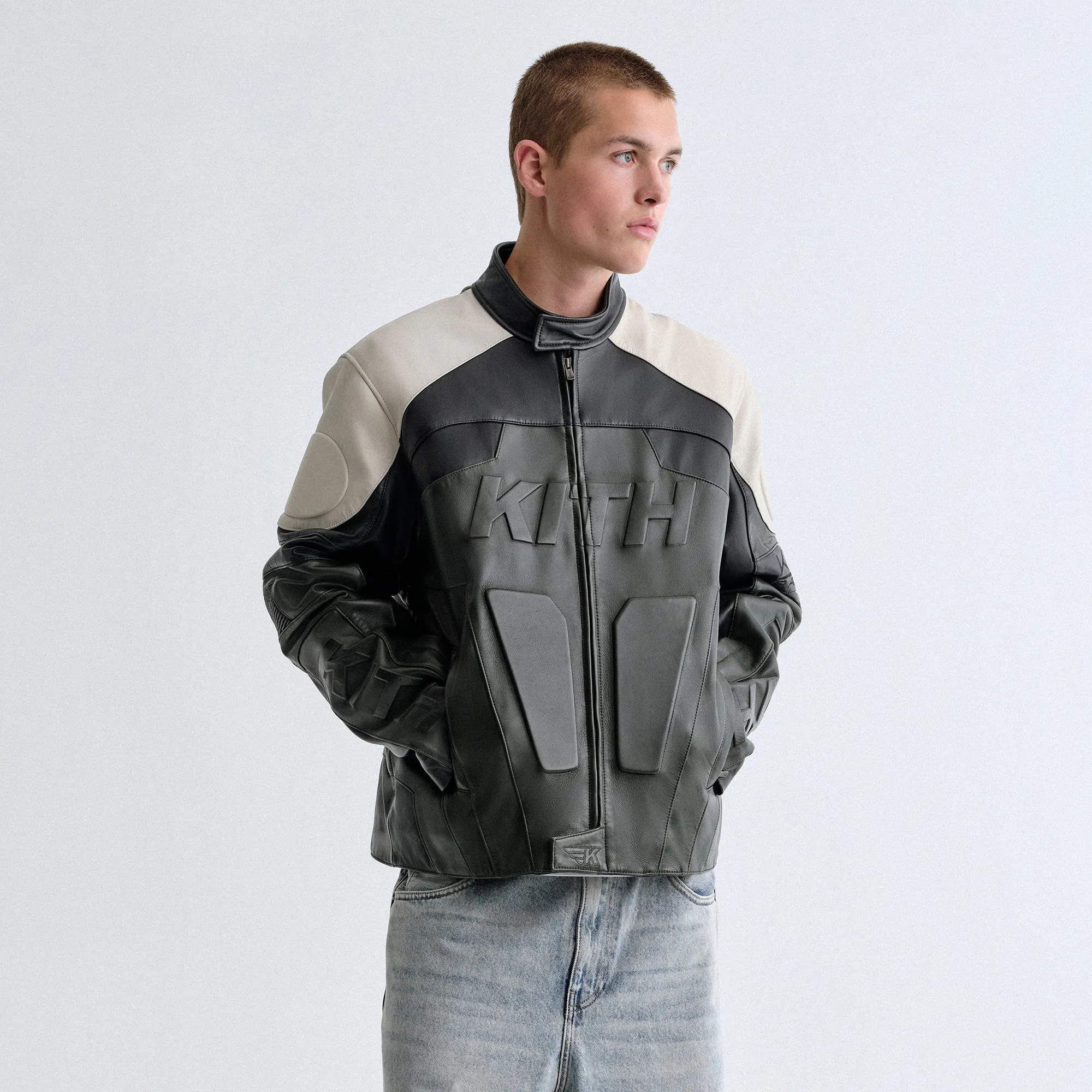LaserCut Vents Adjustable Hood System Kith Leather Wayne Moto Jacket - Stadium