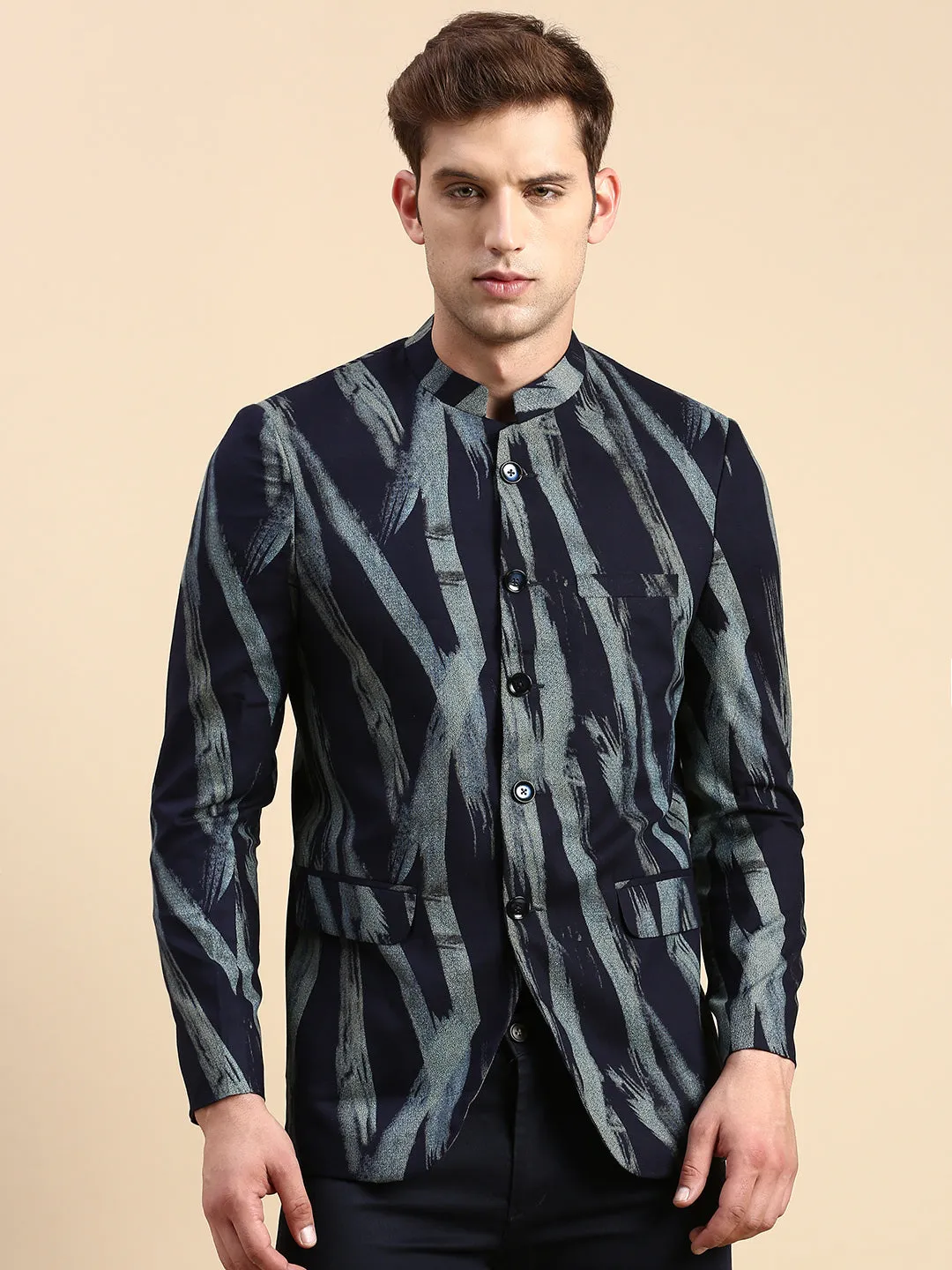 Stretch Enhanced Mobility Zones Men's Navy Blue Printed Slim Fit Bandhgala Blazer