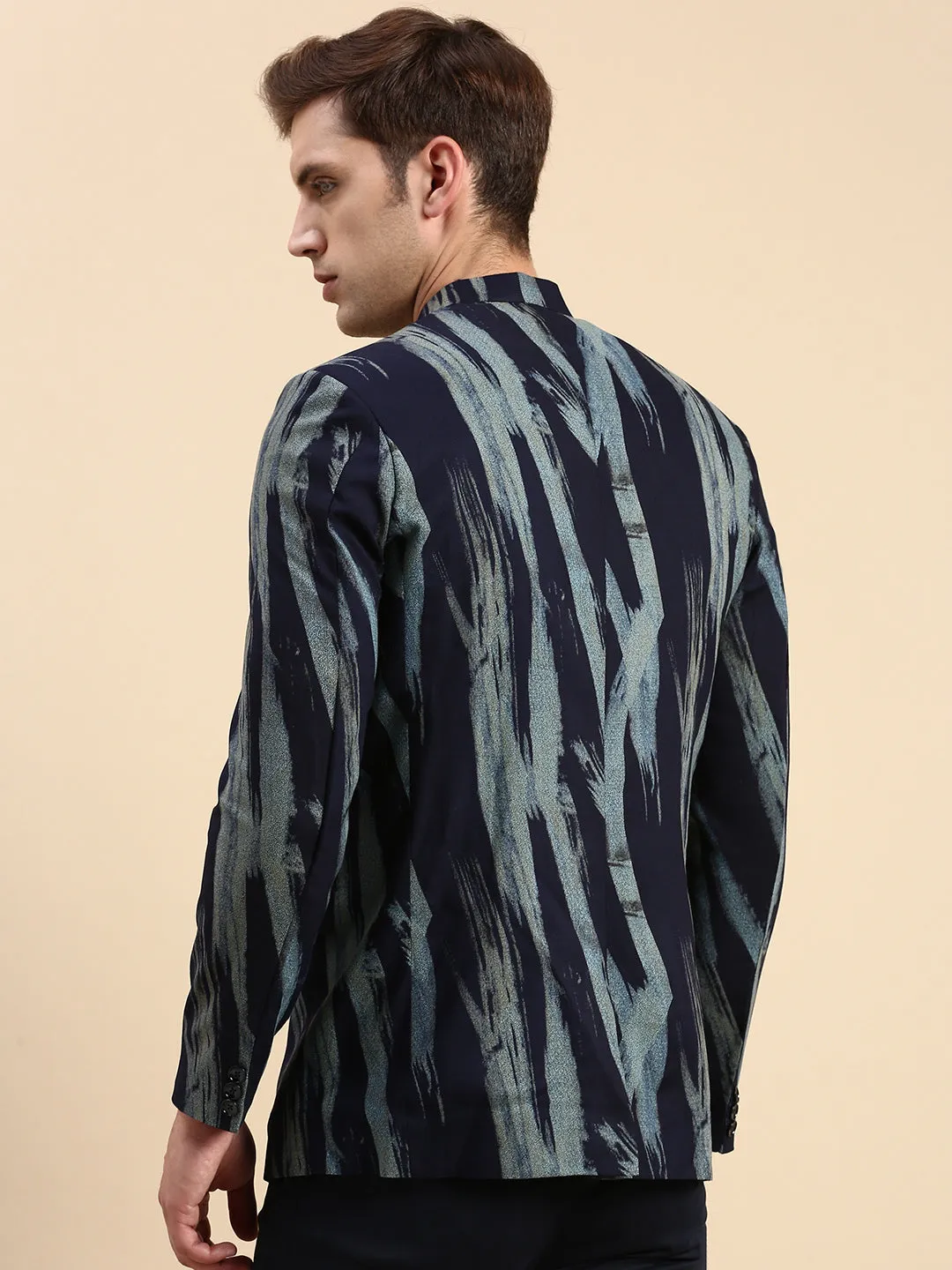 Men's Navy Blue Printed Slim Fit Bandhgala Blazer understated look