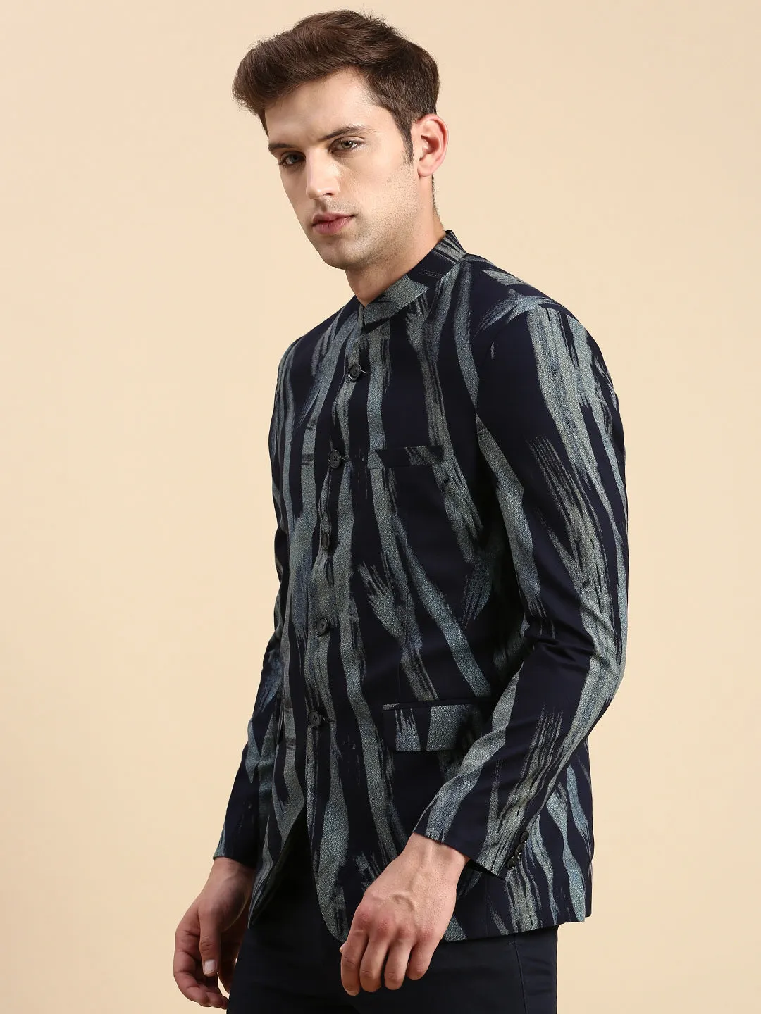 Men's Navy Blue Printed Slim Fit Bandhgala Blazer Eco Friendly Dye Process Ventilated Panels