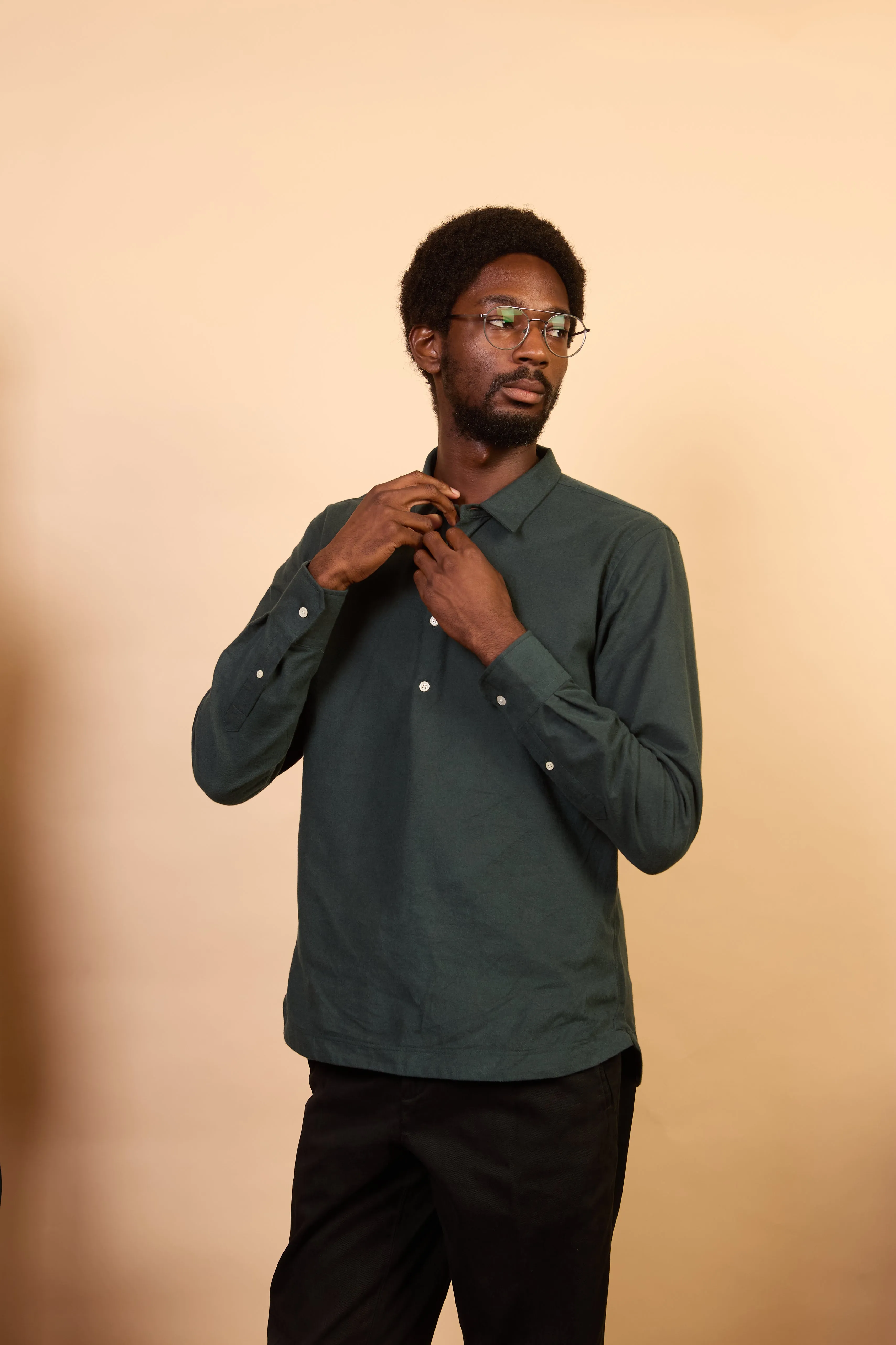 Spring Collection Vintage Wash Cotton Pop Over Shirt - Green Flannel