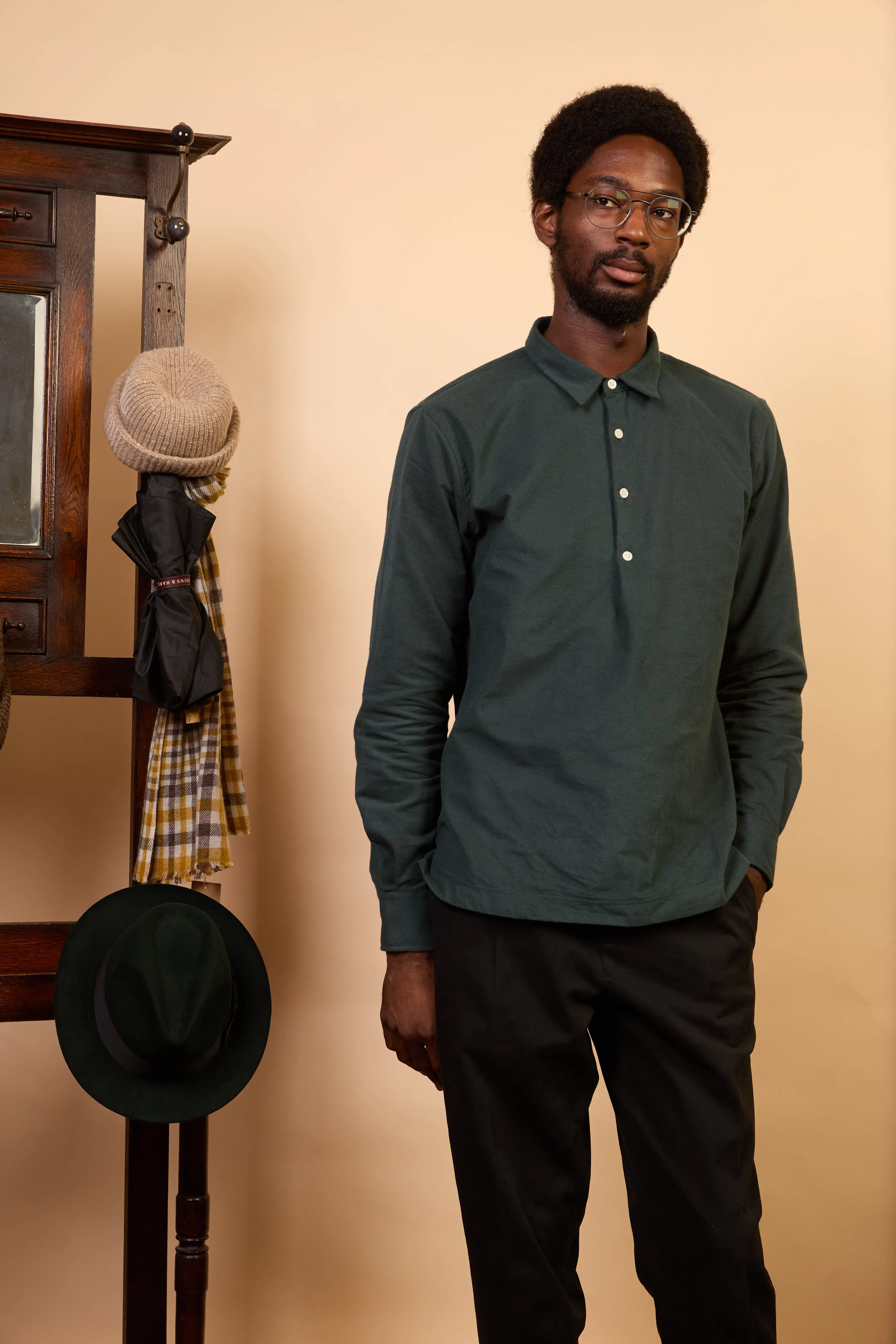 Cotton Pop Over Shirt - Green Flannel Flatlock stitching
