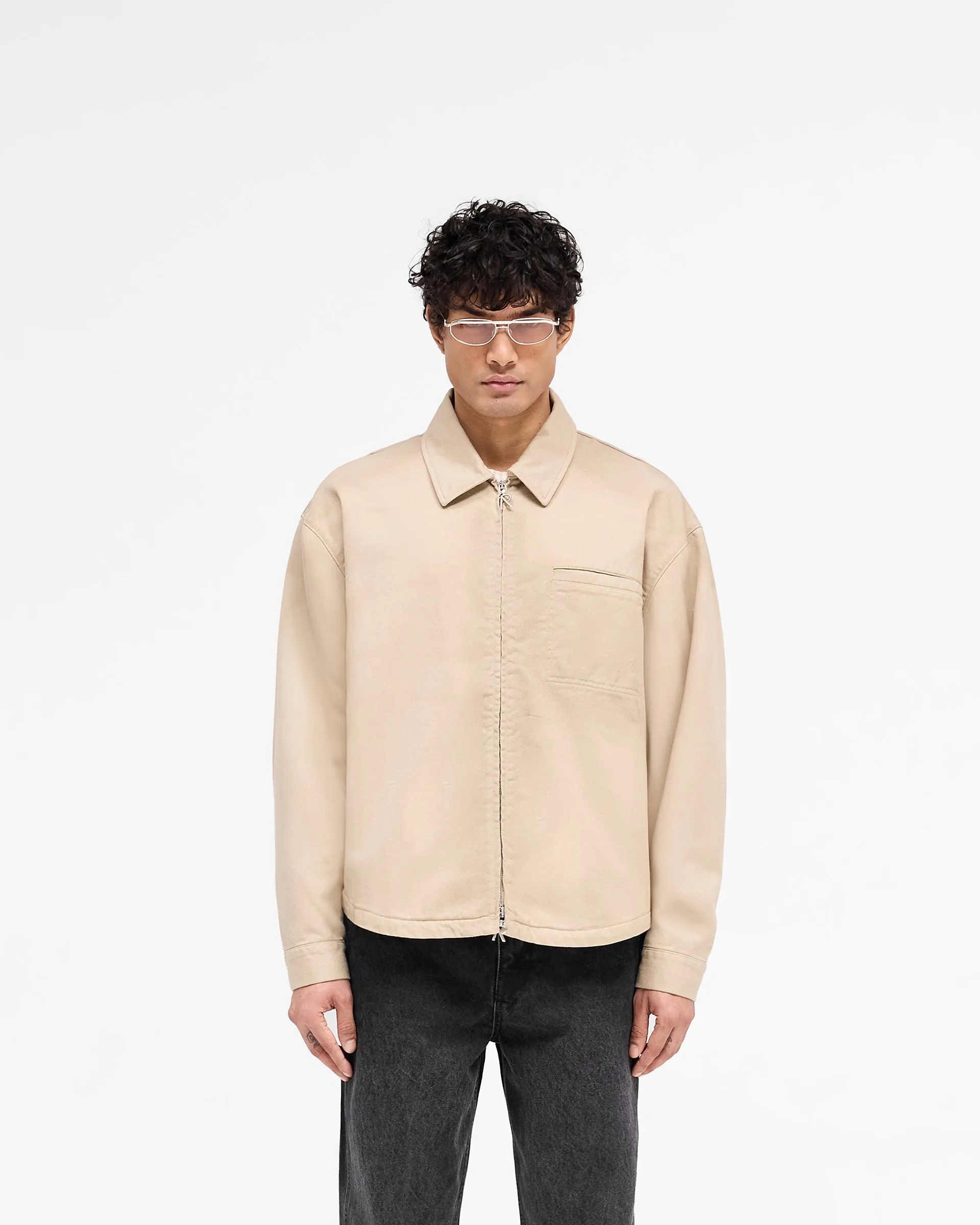 All-Weather Wear Fitted Silhouette Cotton Zip Through Shirt - Beige