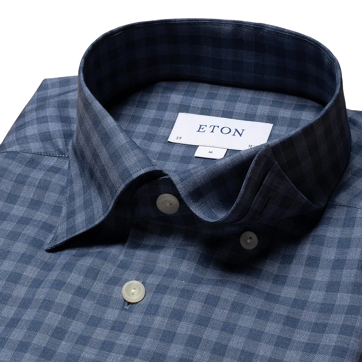 Eton - Slim Fit Button Under Collar Check Shirt in Blue Active Design Roll-Up Sleeve