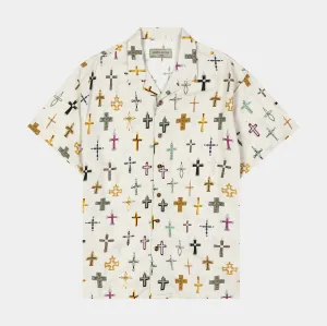 Slim Style Cross AOP Rayon Mens Short Sleeve Shirt (Beige)