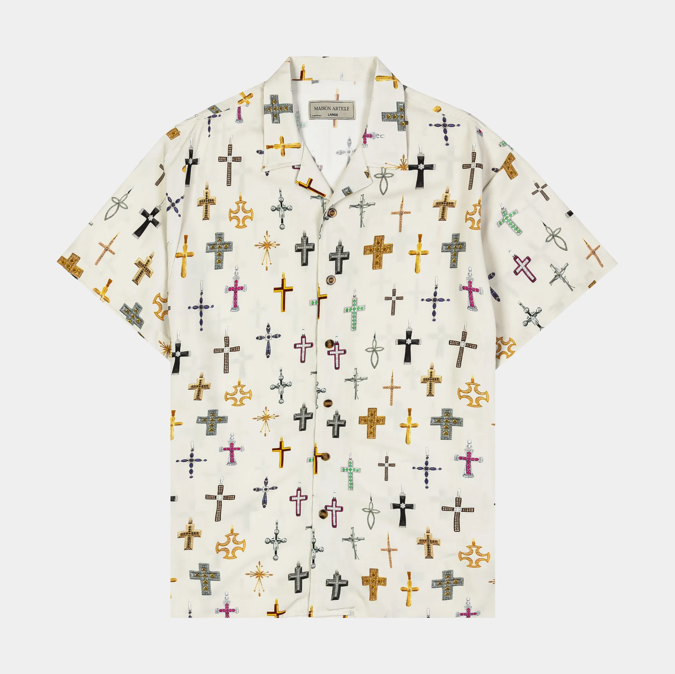 crew neck Cross AOP Rayon Mens Short Sleeve Shirt (Beige)