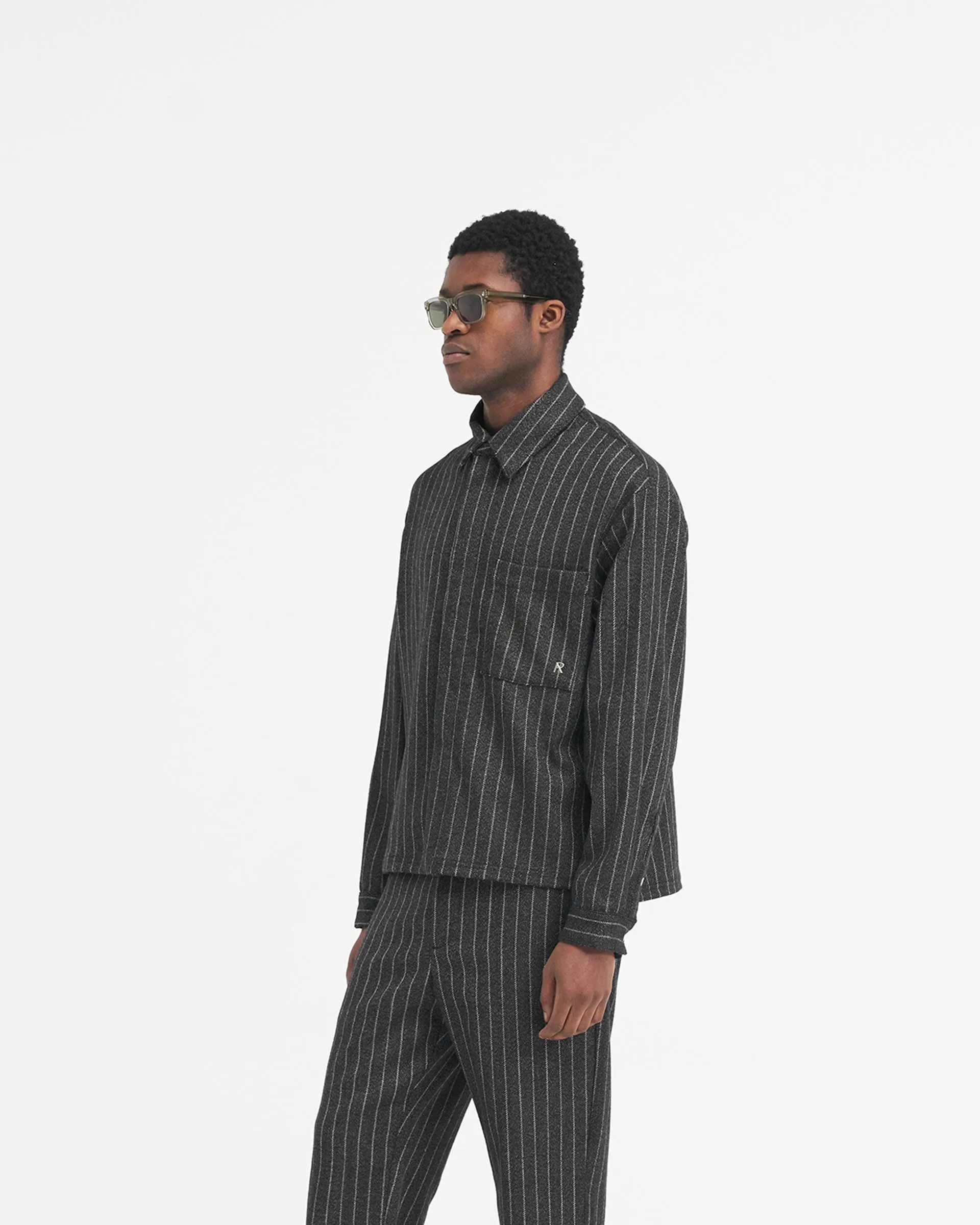 Cropped Dress Shirt - Black Pinstripe Stretch Material